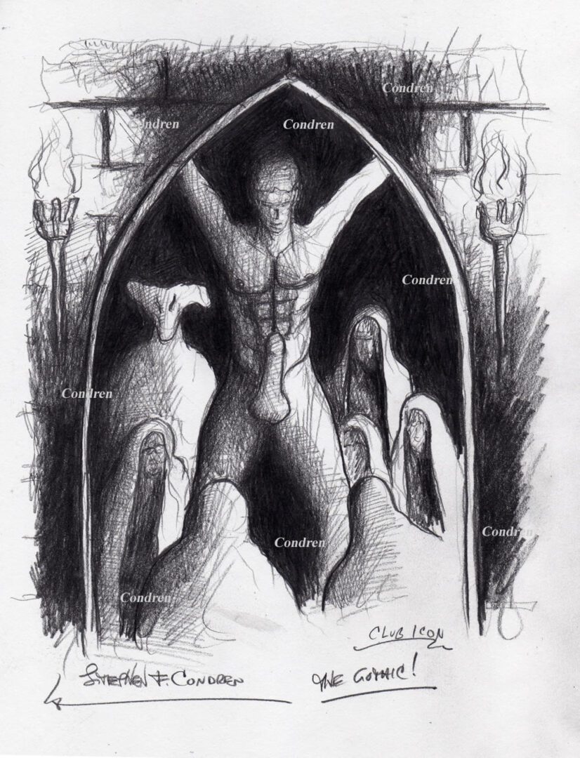Male figure drawing #319Z, or gay man's torture, a pencil drawing with dark contour of a gay nake man being tortured in a dark dungeon in Hell, with Satan looking in by artist Stephen F. Condren of Condren Galleries, with gay LGBTQ prints, and scans.