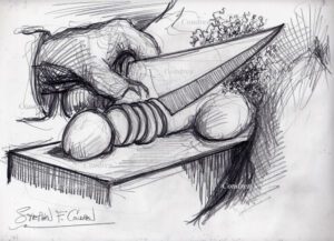 Pencil drawing of a penis on a chopping block being cut to pieces with a large butcher knife by artist Stephen F. Condren.