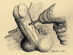 Pen & ink drawing of an erect penis being drilled right through the center with an electric drill by artist Stephen F. Condren.