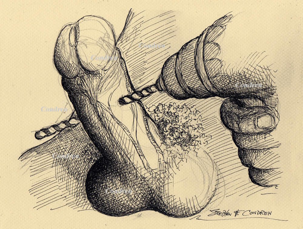 Penis drilling 333Z gay pen & ink drawing of a power drill going through an erect penis.