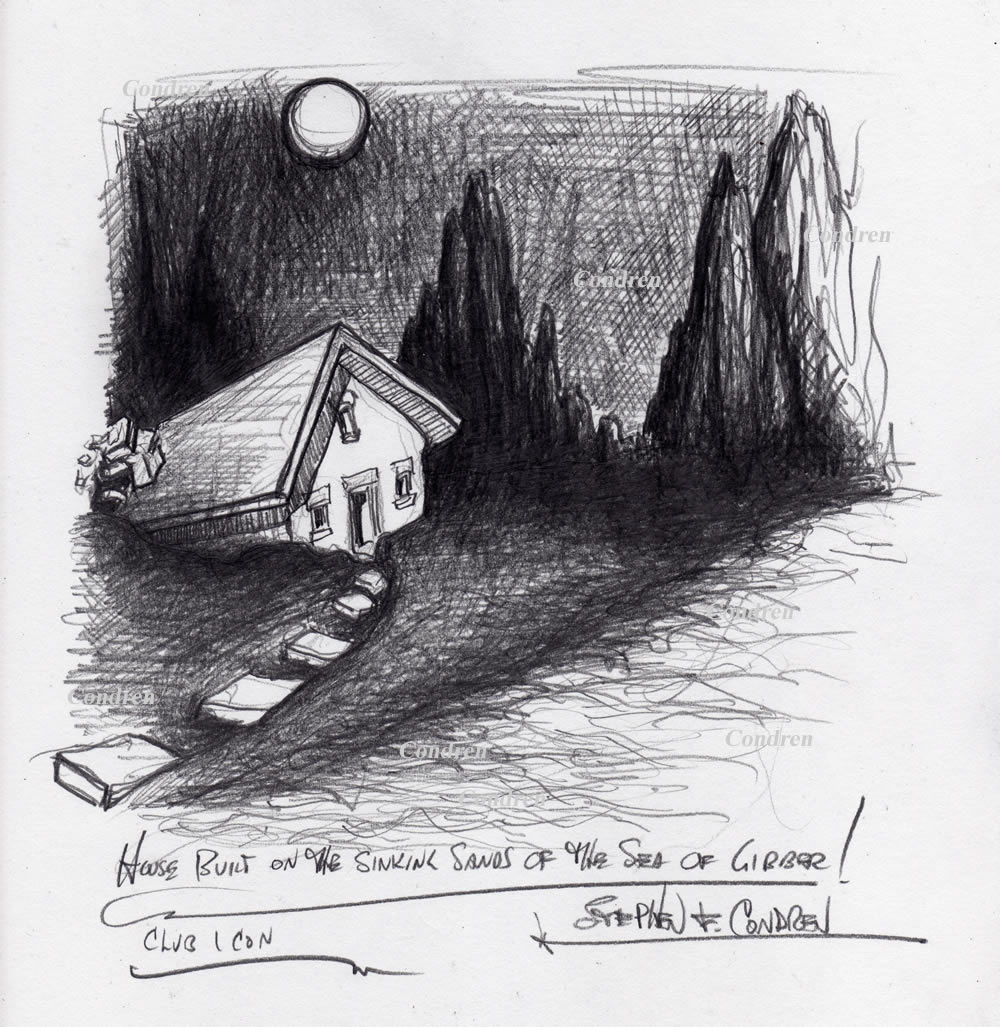 Pencil drawing of a house sinking on the sands of the Sea of Gibber by artist Stephen F. Condren.