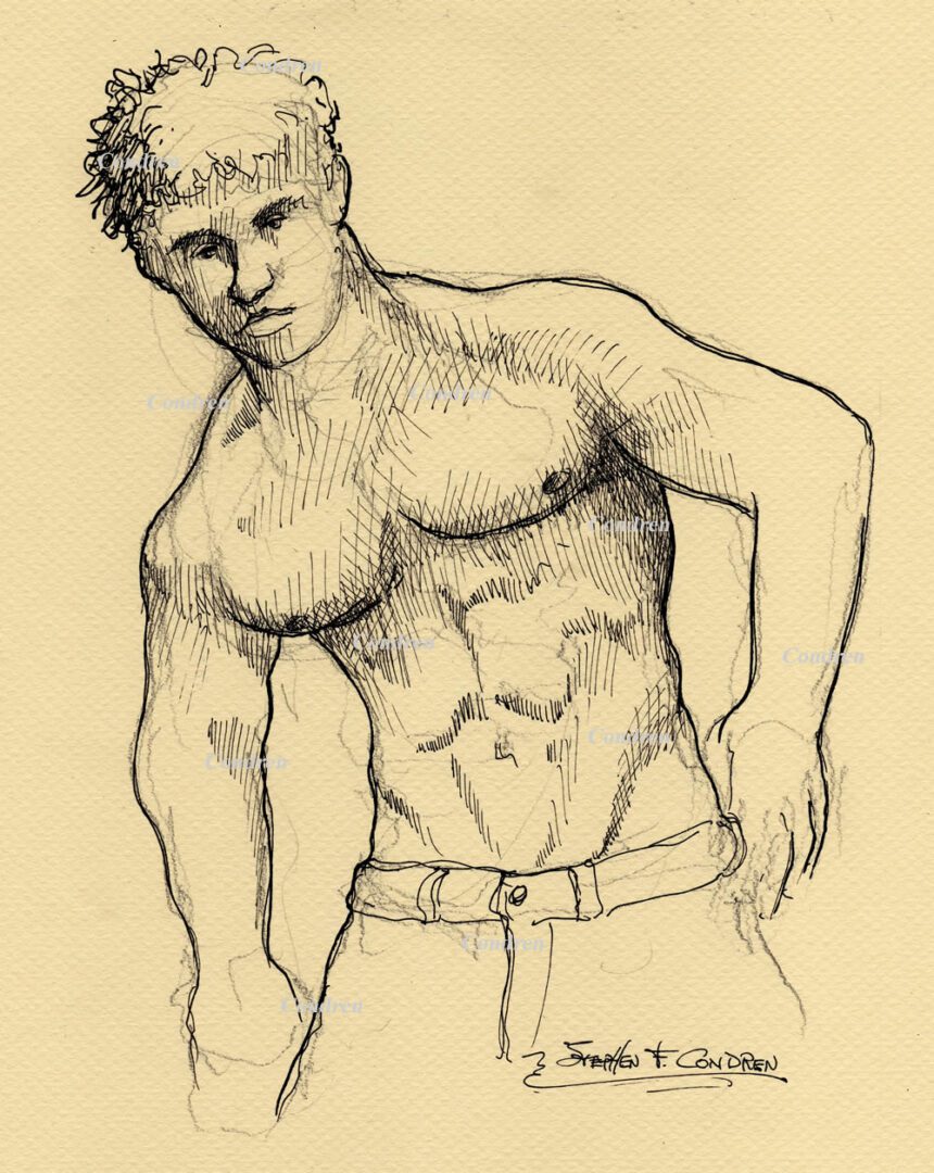 Male figure pen&ink #313Z, or manly physique stylus sketch by artist Stephen F. Condren of Condren Galleries, with gay LBGTQ prints, and scans.