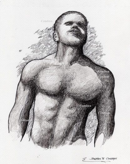 Nude male #324A pen & ink figure drawing with ripped, muscular torso, and hot sexy body.