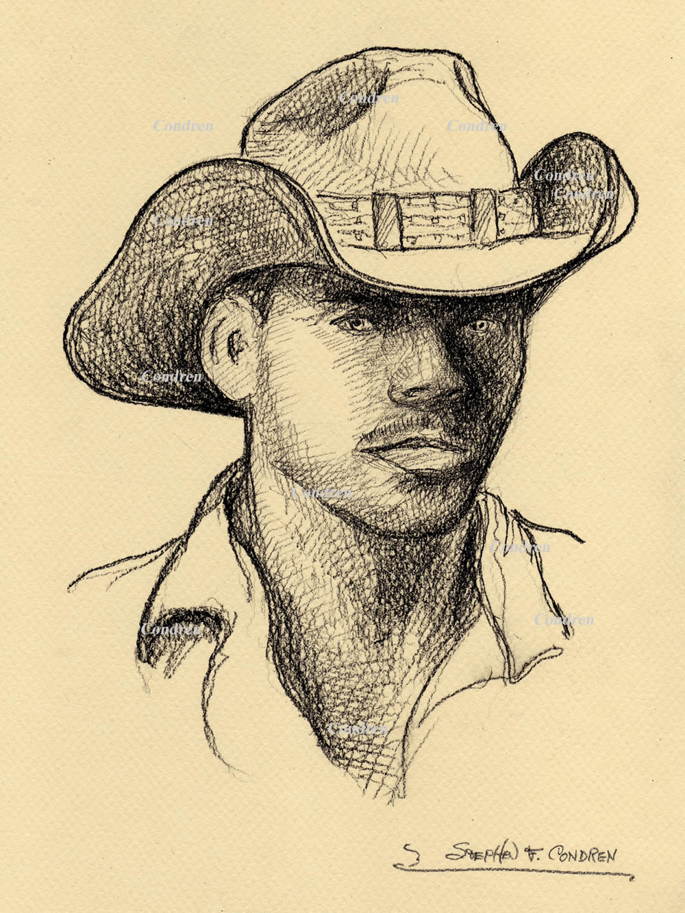 Pencil drawing of a cowboy wearing a 10-gallon hat by artist Stephen F. Condren.