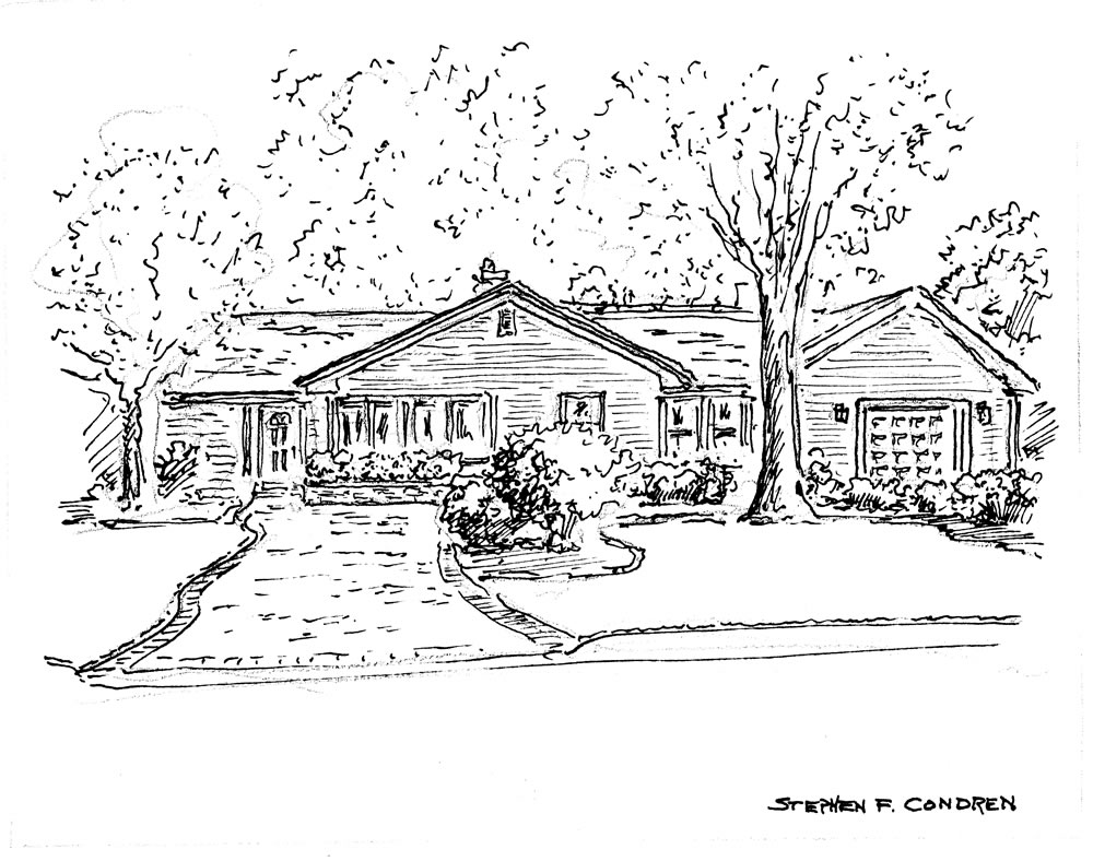 House portrait #630Z watercolor with pen & ink, and scans for Realtor closing gift note cards by artist Stephen F. Condren.