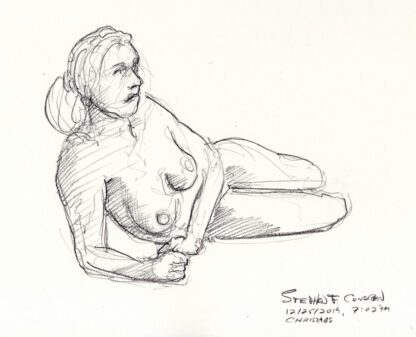 Nude female #145A pencil figure drawing with hatching lines for shade & shadows.
