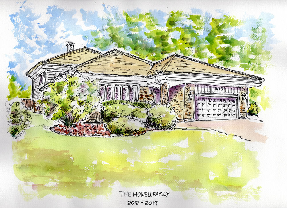 House portrait #625Z watercolor with pen & ink, and scans for Realtor closing gift note cards by artist Stephen F. Condren.