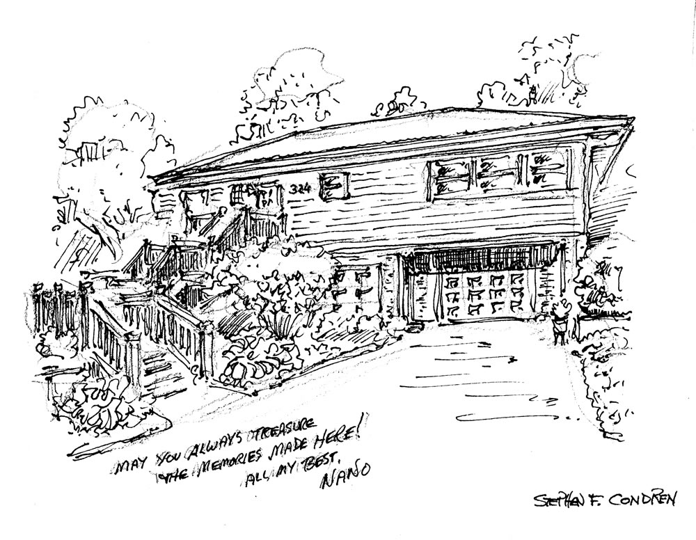 House portrait #632Z watercolor with pen & ink, and scans for Realtor closing gift note cards by artist Stephen F. Condren.