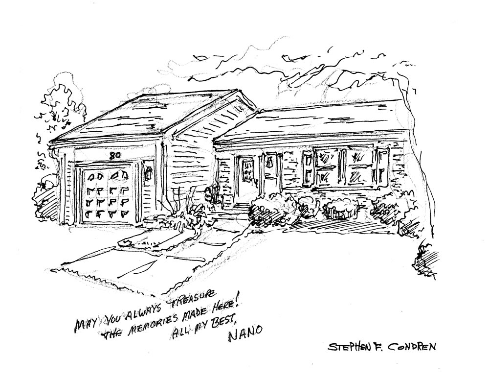 House portrait #637Z watercolor with pen & ink, and scans for Realtor closing gift note cards by artist Stephen F. Condren.