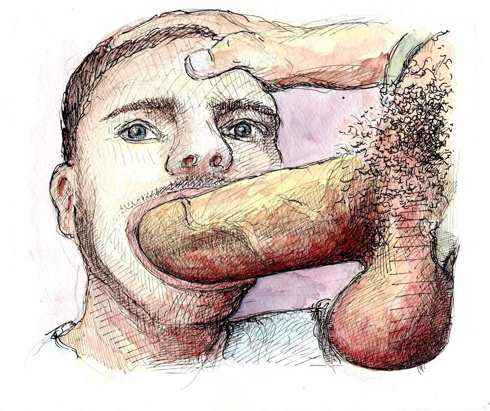 Deep Throat gay porn watercolor drawing of a cock sucking boy on a large hard penis.