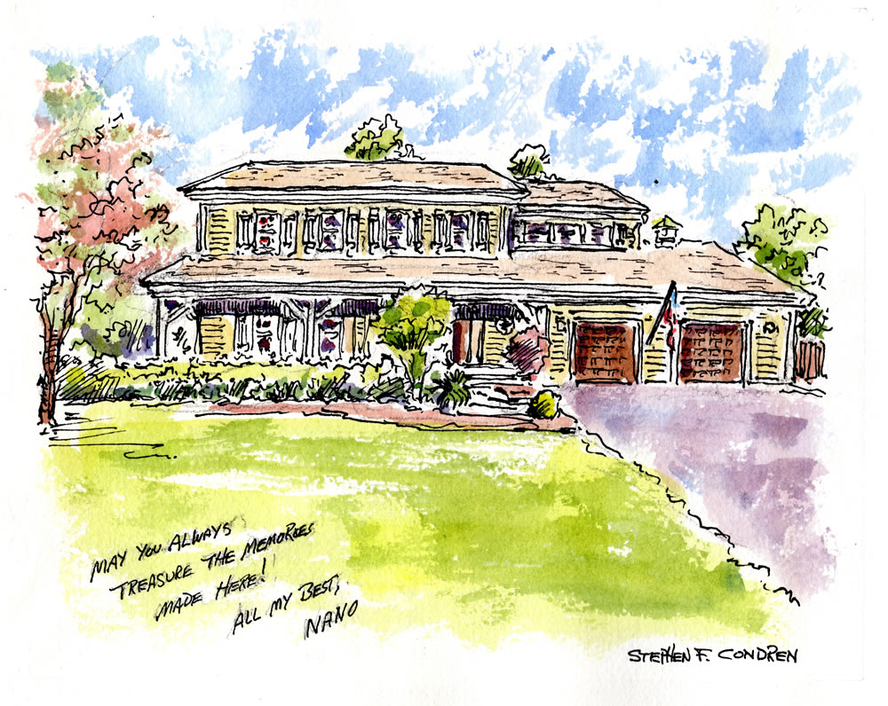 House portrait #667Z watercolor with pen & ink, and scans for Realtor closing gift note cards by artist Stephen F. Condren.
