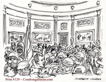 Terrorists battle Capital Police pen & ink insurrectionist drawing of rioters fighting police in the Capital Building Rotunda.