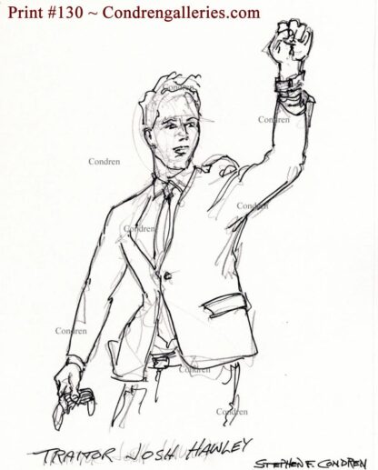 Senator Josh Hawley pen & ink drawing raising fist.