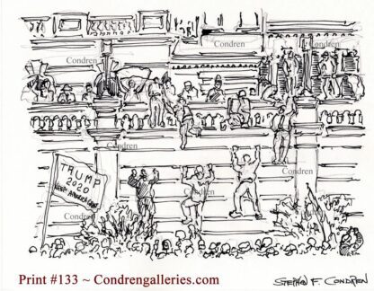 Climbing Capital Building walls! #133A, pen & ink terrorist drawing of rioters climbing to break in.