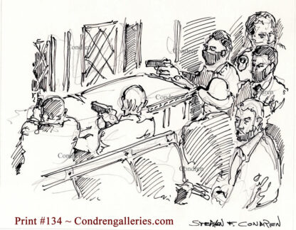 Gunmen in Senate Chamber pen & ink drawing with police officers of the Capital Building.