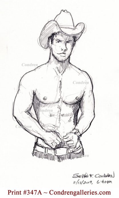 Hot shirtless cowboy #347A pencil figure drawing of a gay cowboy with 6-pack, sexy pecs, and fit torso.