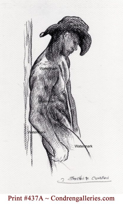 Naked cowboy #437A charcoal pencil figure drawing with him wearing a 10-gallon hat leaning on a post.