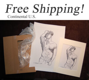 Shipping box containing nude male figure with shirtless torso and female figure drawing prints.