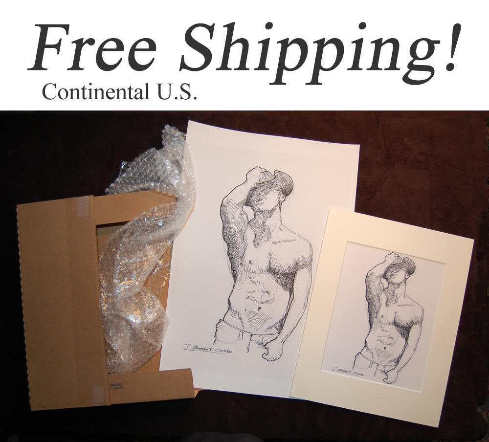 Shirtless male 727Z Shipping box with nude figures with male, and female figure drawing prints.