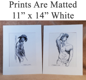 White matted print copy of nude male figure with shirtless torso and female figure drawing prints.