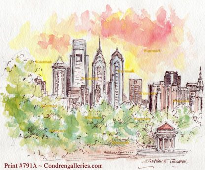 Philadelphia skyline sunset pen & ink watercolor by artist Stephen Condren