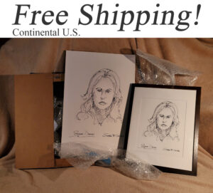 Shipping box with matted and framed portrait prints of celebrity people, men, women, and children.