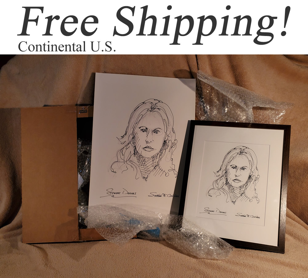 Shipping box with matted and framed portrait prints of celebrity people, men, women, and children.