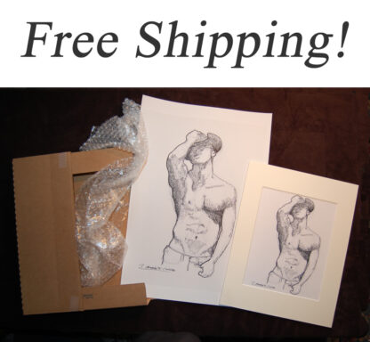 Matted and large male and female figure drawings in a shipping box.