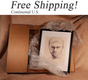 Shipping box with framed portrait.