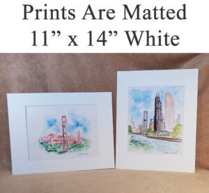 White matted landmark prints.