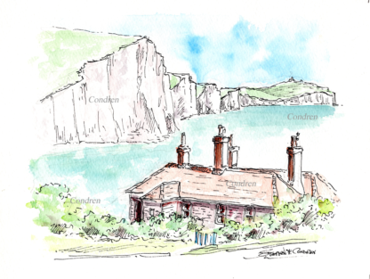 Cliffs of Dover #25A pen & ink seascape watercolor overlooking the sea from a small cabin in the foreground.
