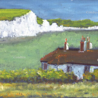Cliffs of Dover #26A oil on canvas seascape painting with view from a small cabin overlooking the sea to the bluffs.