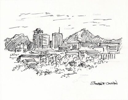 Tucson skyline #28A pen and ink cityscape drawing with a view of the mountains and skyscrapers.