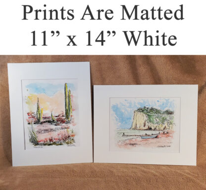White matted landscape and seascape prints.