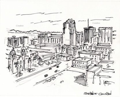 Tucson skyline #32A pen & ink cityscape drawing with an aerial view of the downtown showing all the details of the buildings.