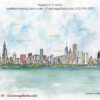 Chicago skyline pen & ink cityscape watercolor overlooking Burnham Harbor at noon.
