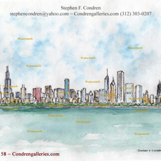 Chicago skyline pen & ink cityscape watercolor overlooking Burnham Harbor at noon.