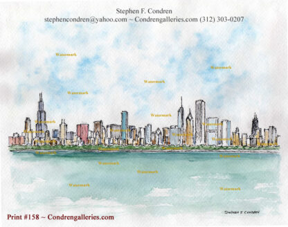 Chicago skyline pen & ink cityscape watercolor overlooking Burnham Harbor at noon.