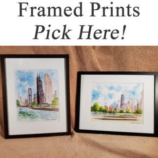 Matted and framed skyline, city scene, and cityscape prints.