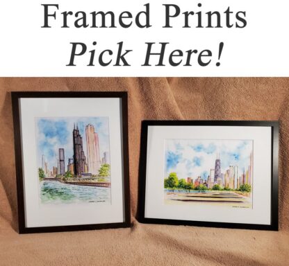 Matted and framed skyline, city scene, and cityscape prints.