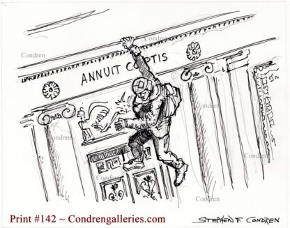 Storming Capital Senate Chamber pen & ink terrorist drawing of Josiah Colt hanging from balcony inside the Senate Chamber.