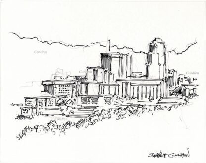 Tucson skyline #31A pen & ink cityscape drawing with dark contour lines to make the image of the skyscrapers and mountains.