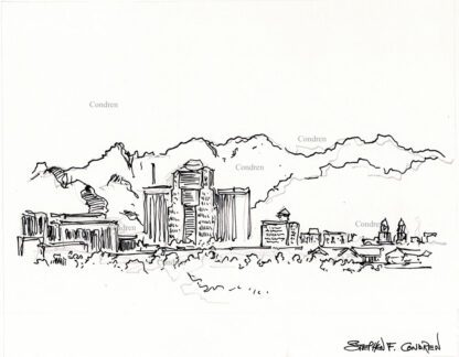 Tucson skyline #33A pen & ink cityscape drawing with contour lines to delineate the mountains.