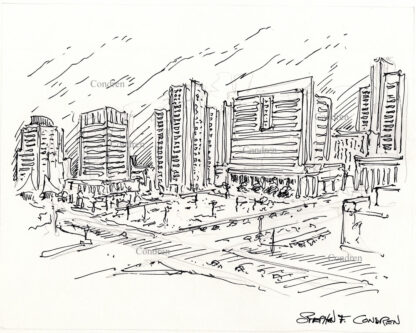 Tucson skyline #35A pen & ink cityscape drawing with a very detailed view of the downtown area at night.