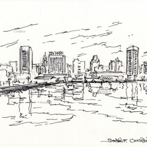 Baltimore skyline #36A pen & ink cityscape drawing with skyscraper reflections in the waters of the Inner Harbor.