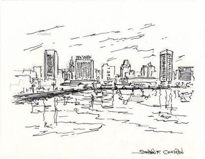 Baltimore skyline #36A pen & ink cityscape drawing with skyscraper reflections in the waters of the Inner Harbor.