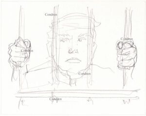 Donald Trump behind bars pencil drawing. Stephen Condren. Jail and prison.