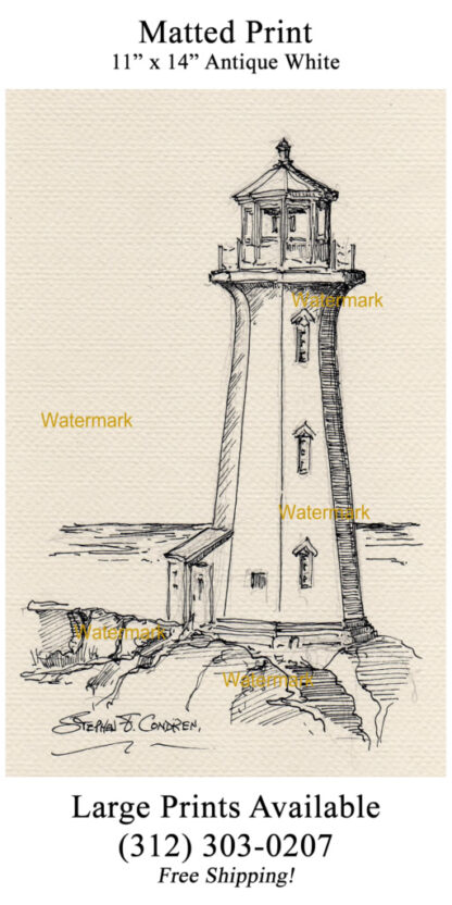 Peggy's Cove Lighthouse pen & ink landmark drawing.