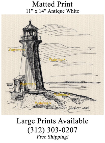 Peggys Cove Lighthouse pen & ink landmark drawing.