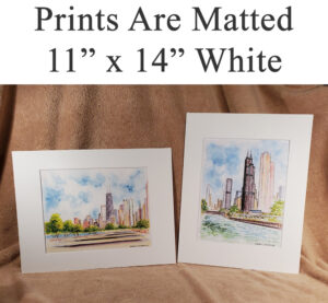 White matted skyline prints.